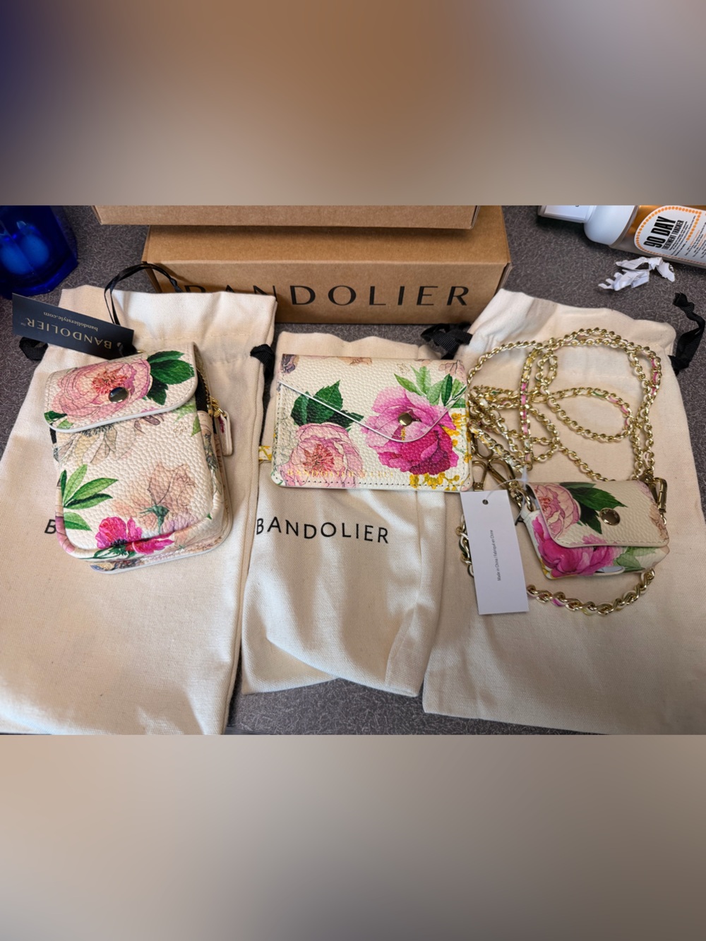 Bandolier White Floral Mini Crossbody Wallet set  with Gold Chain
